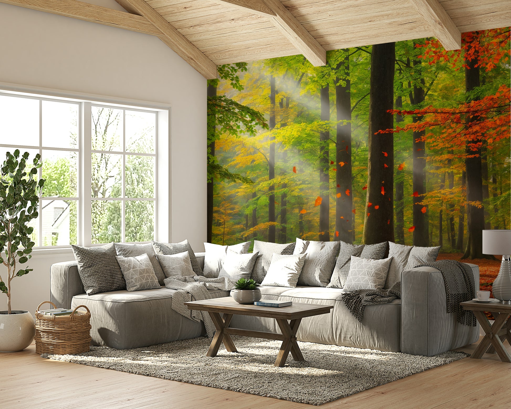 The design features tall trees with autumn-colored leaves.

