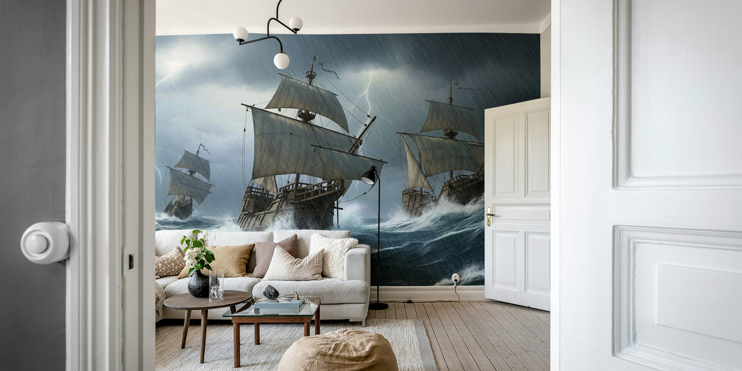 The composition is a wide, landscape view of the ships.

