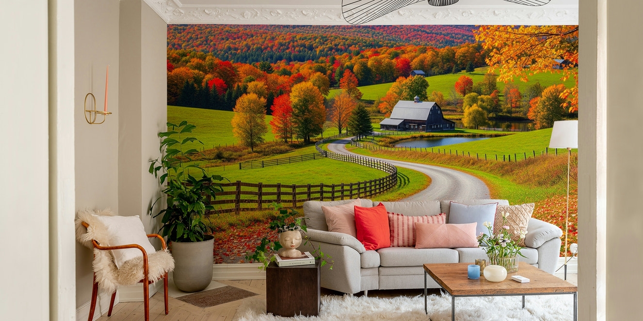 A peaceful wall mural with a charming autumn farm scene.

