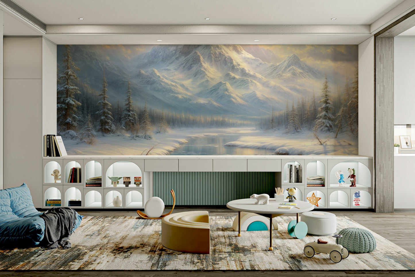 The design features majestic mountain peaks.

