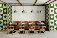 A peaceful wall mural with a modern, geometric design.

