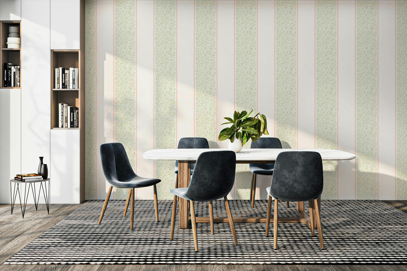 A peaceful wall mural with a vintage, striped design.

