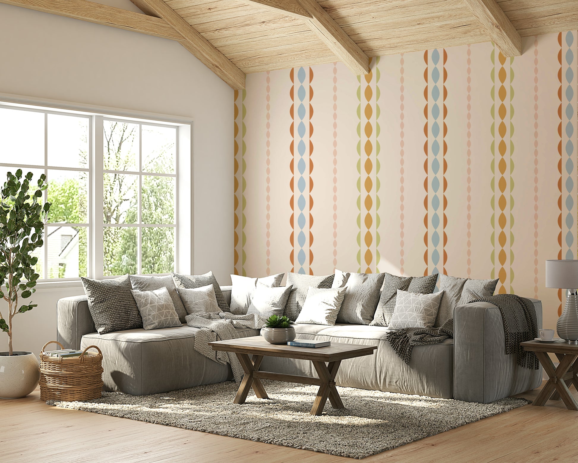 A peaceful wall mural with an organic, flowing design.

