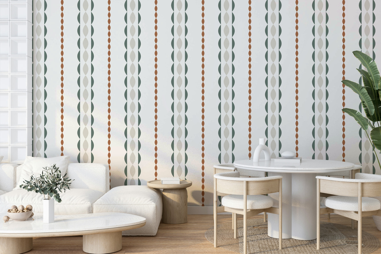 A peaceful wall mural with a retro, striped design.

