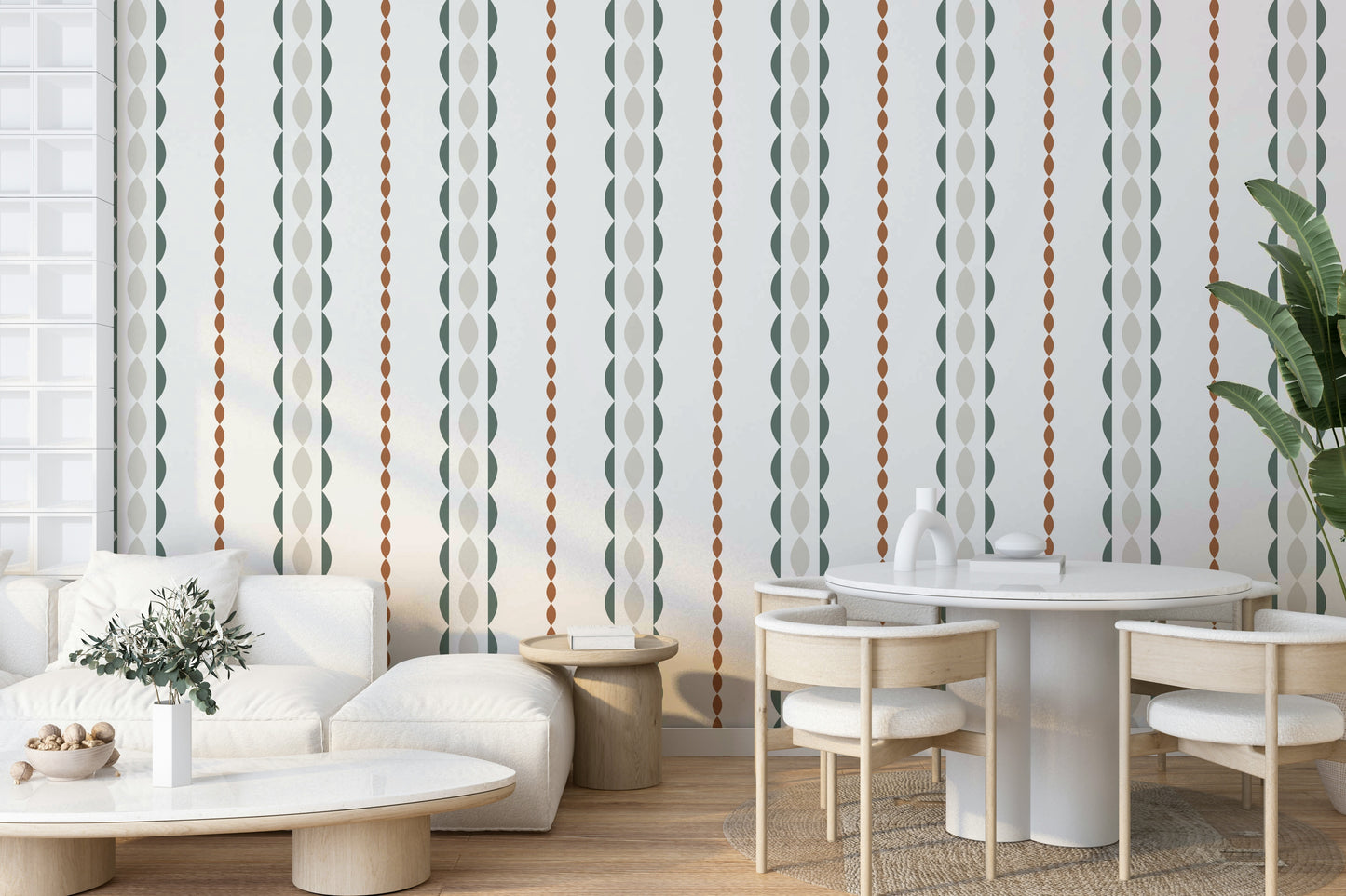 A peaceful wall mural with a retro, striped design.

