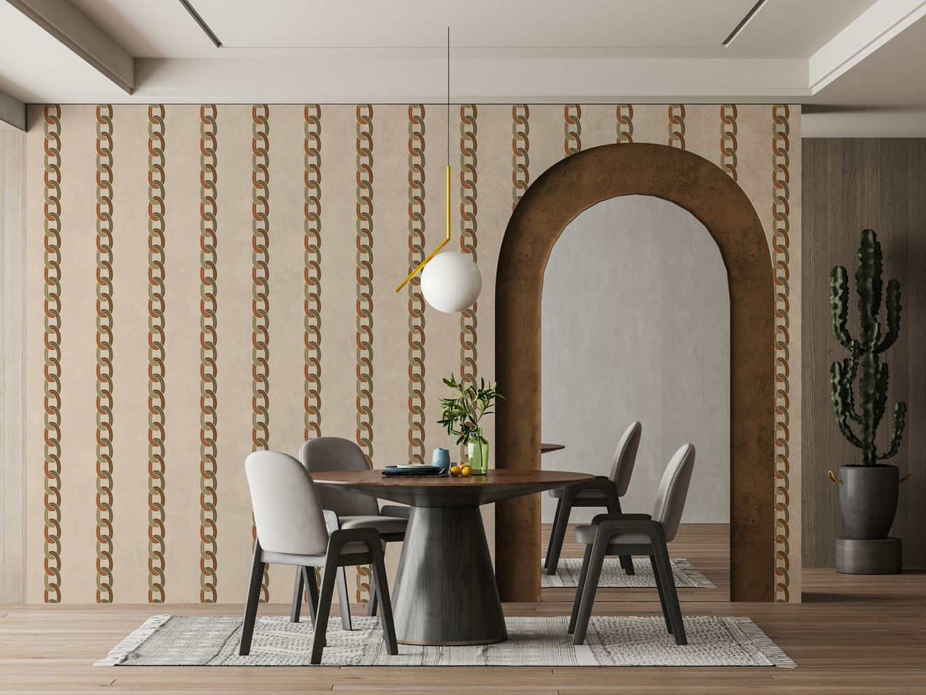 A peaceful wall mural with a modern, geometric design.

