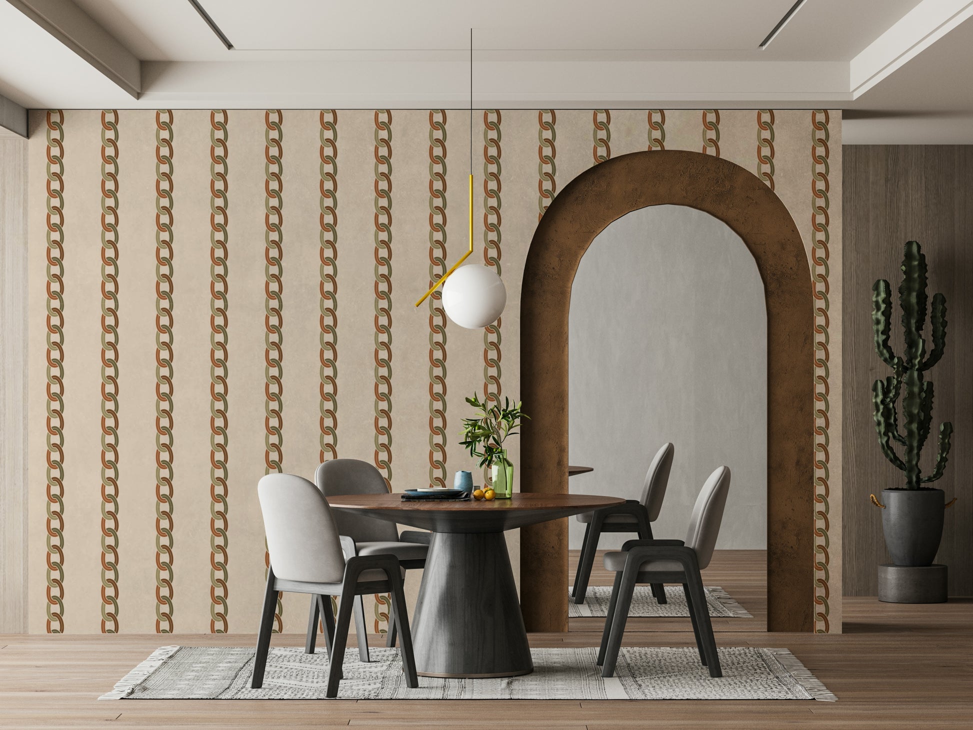 A peaceful wall mural with a modern, geometric design.

