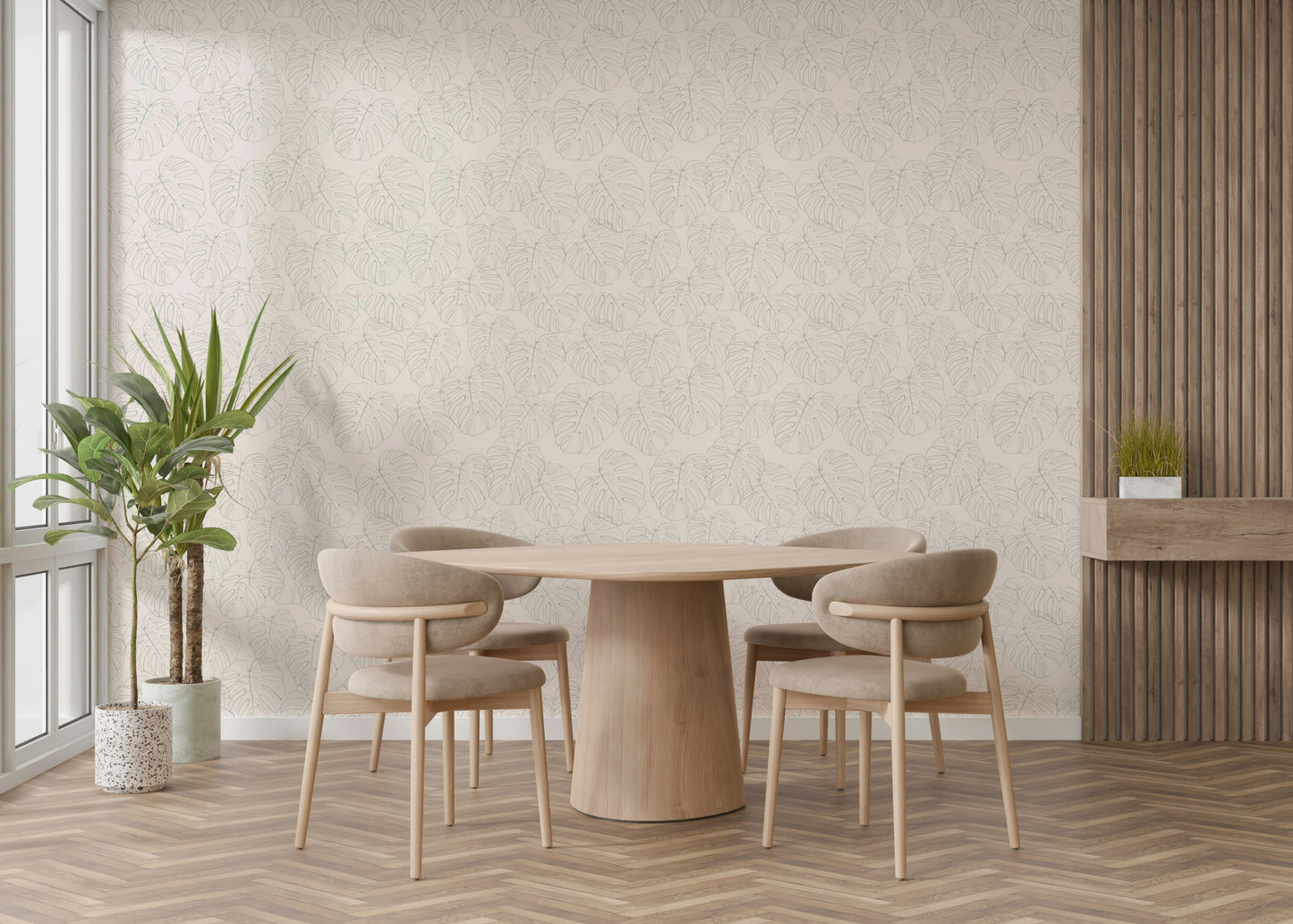 The design features a repeating pattern of soft, delicate tropical leaves.

