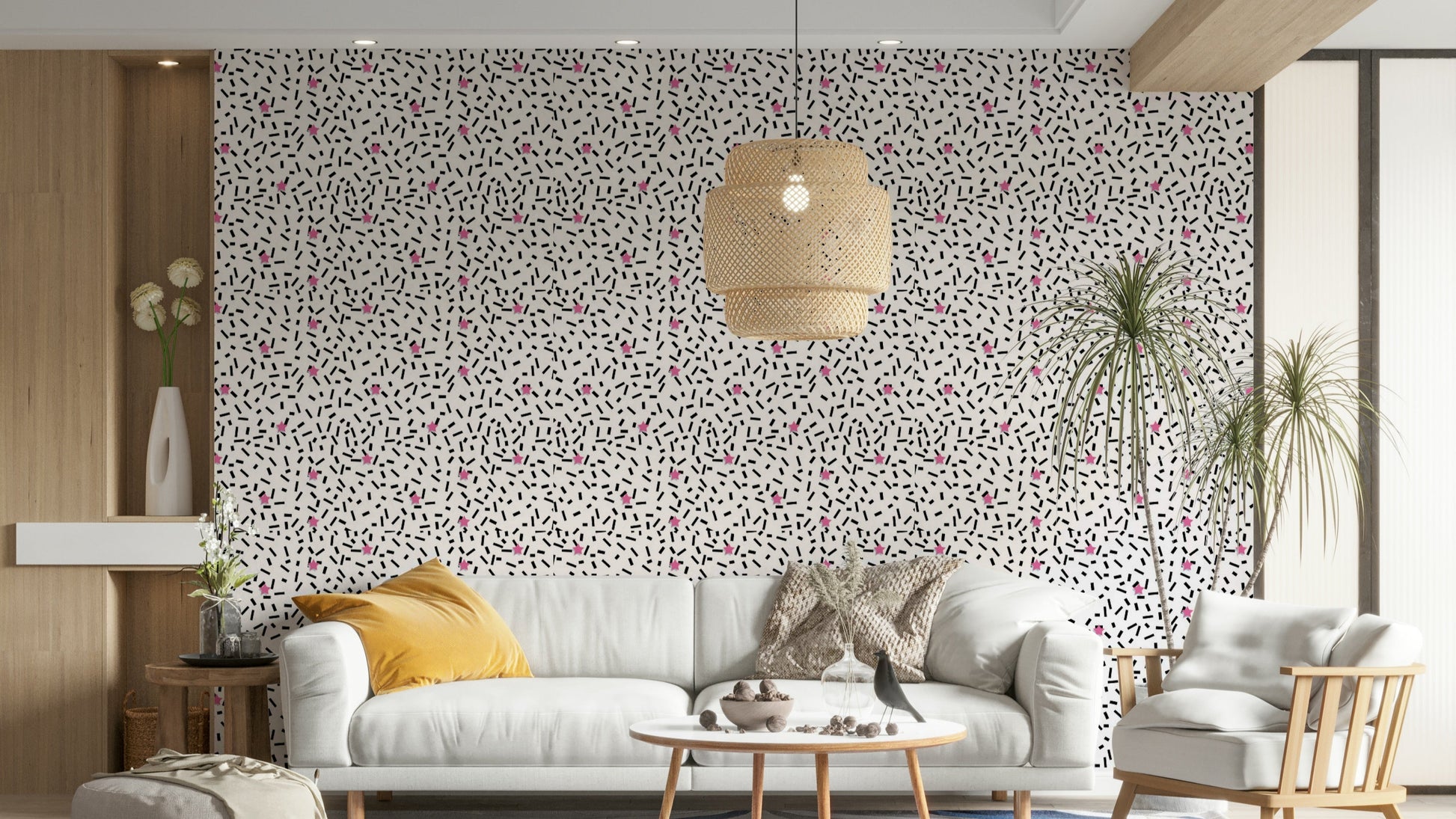 A cheerful wallpaper with a whimsical, celestial design.

