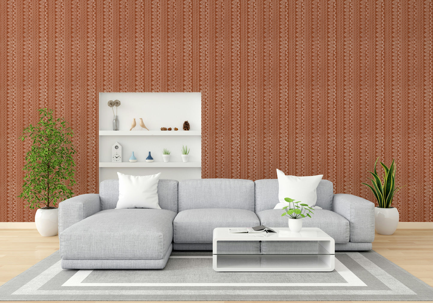 The design features a repeating pattern of soft, earthy shapes.

