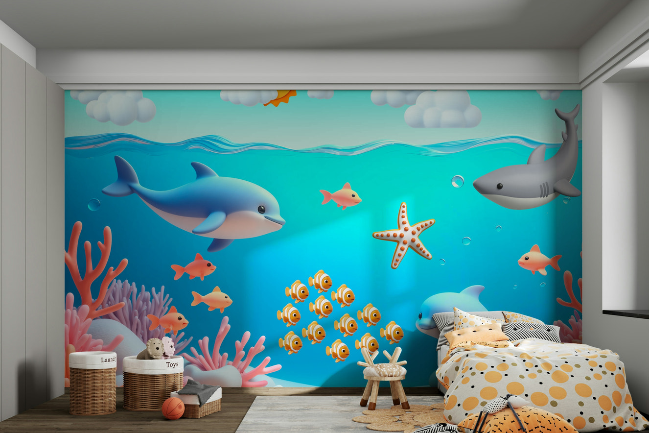 A cheerful wall mural with a whimsical, underwater design.

