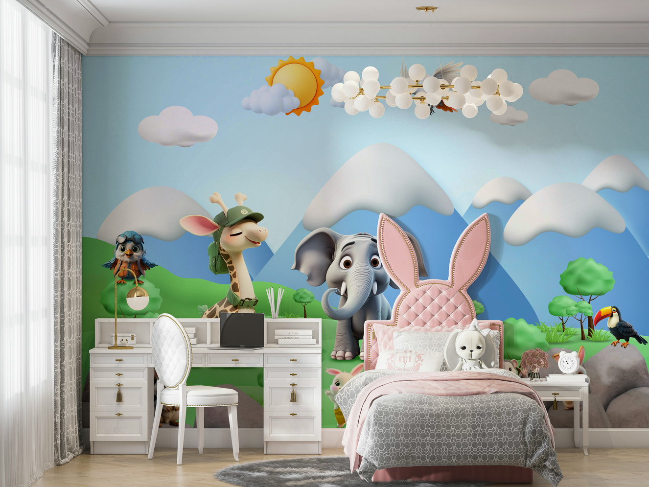 A peaceful wall mural with a whimsical, animal-themed design.

