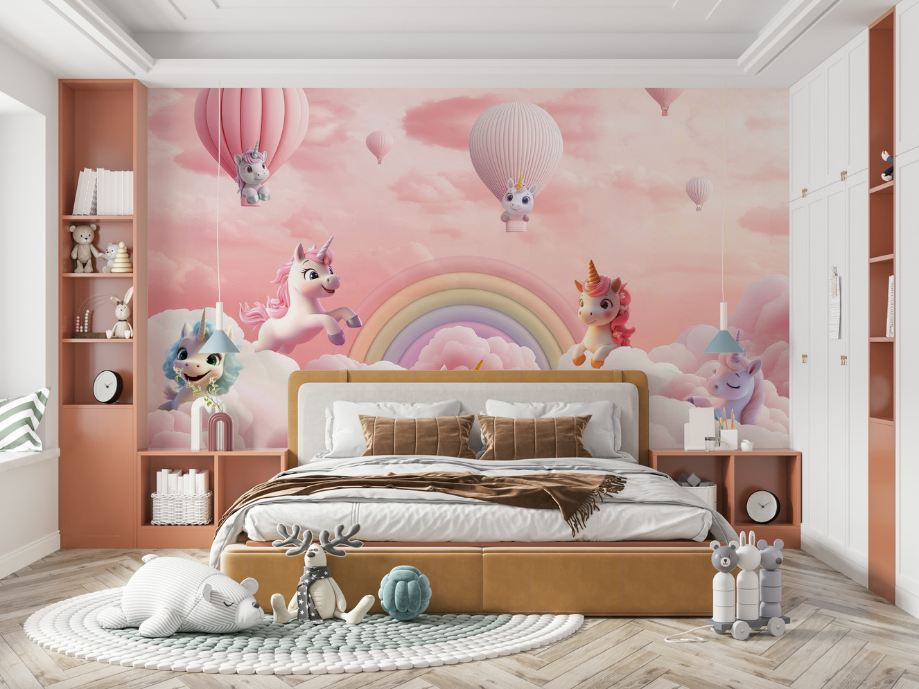 A peaceful wall mural with a whimsical, magical design.

