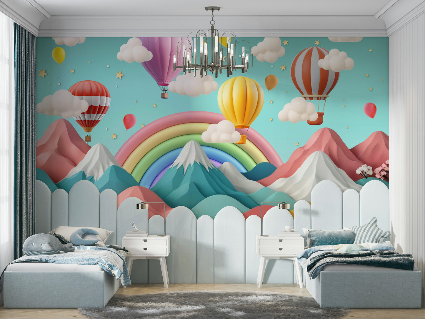 A peaceful wall mural with a whimsical, dreamy design.

