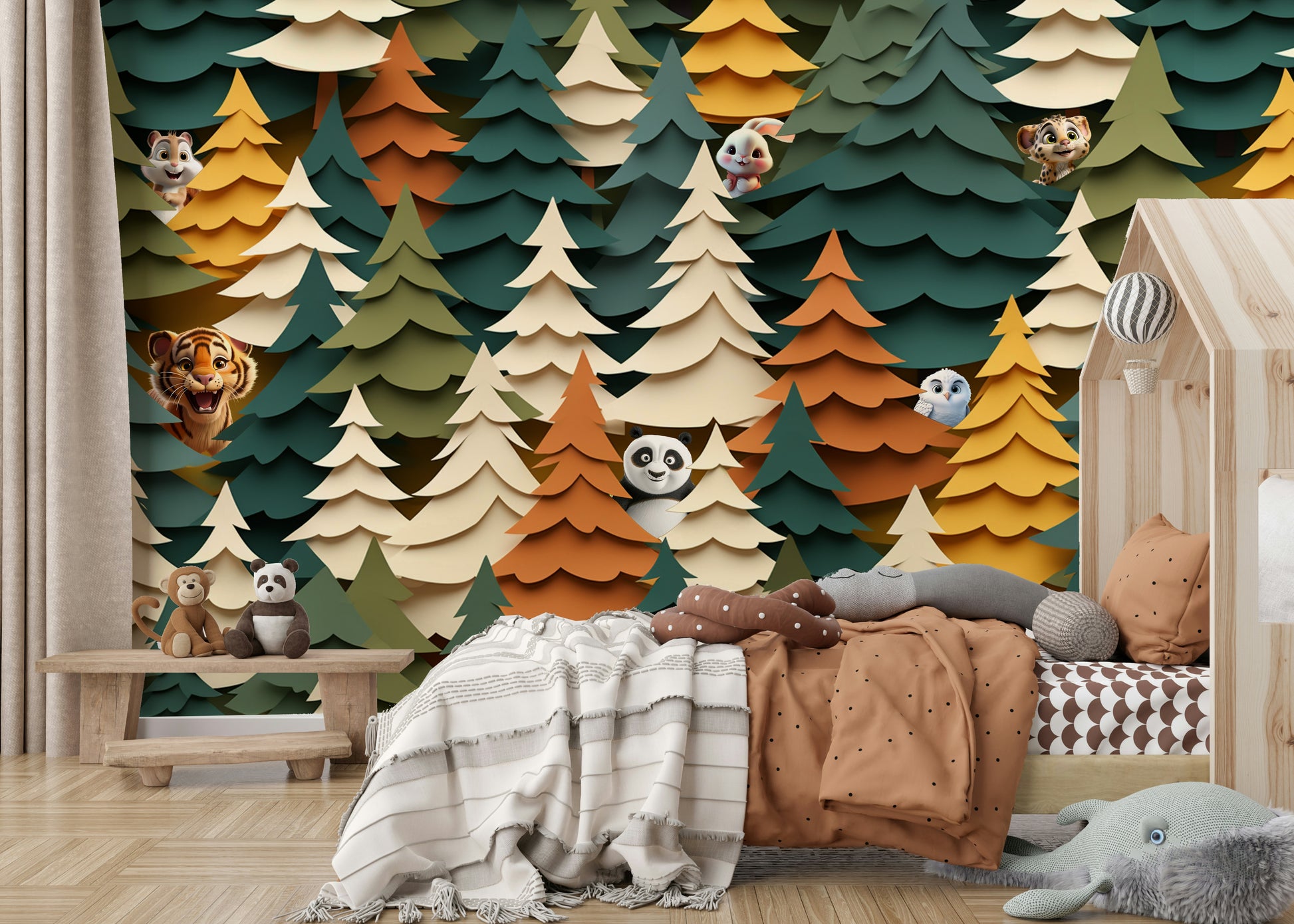 A cheerful wall mural with a whimsical, woodland animal design.