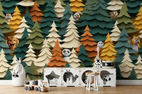 The design features a group of friendly woodland animals peeking out from behind trees.