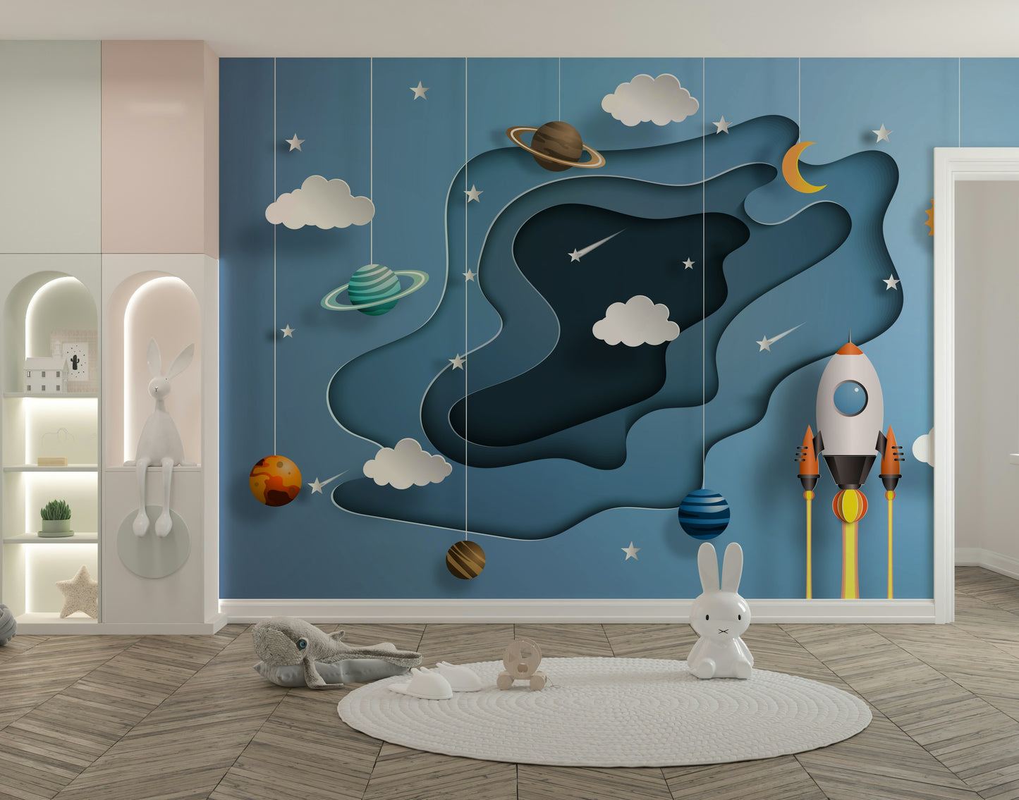 The mural is created for an entire wall, providing an immersive feel.
