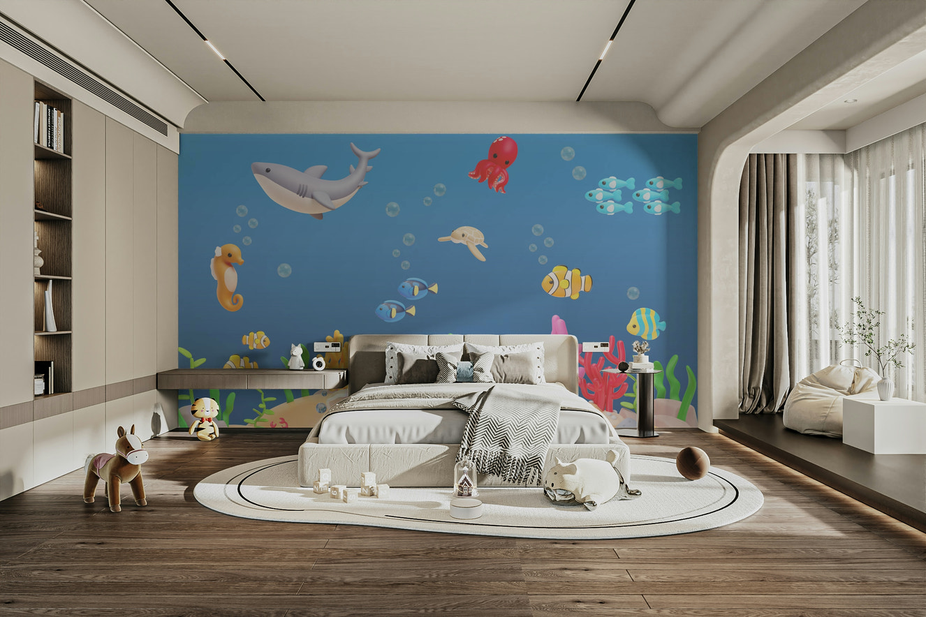The design features a group of friendly cartoon sea animals and coral.

