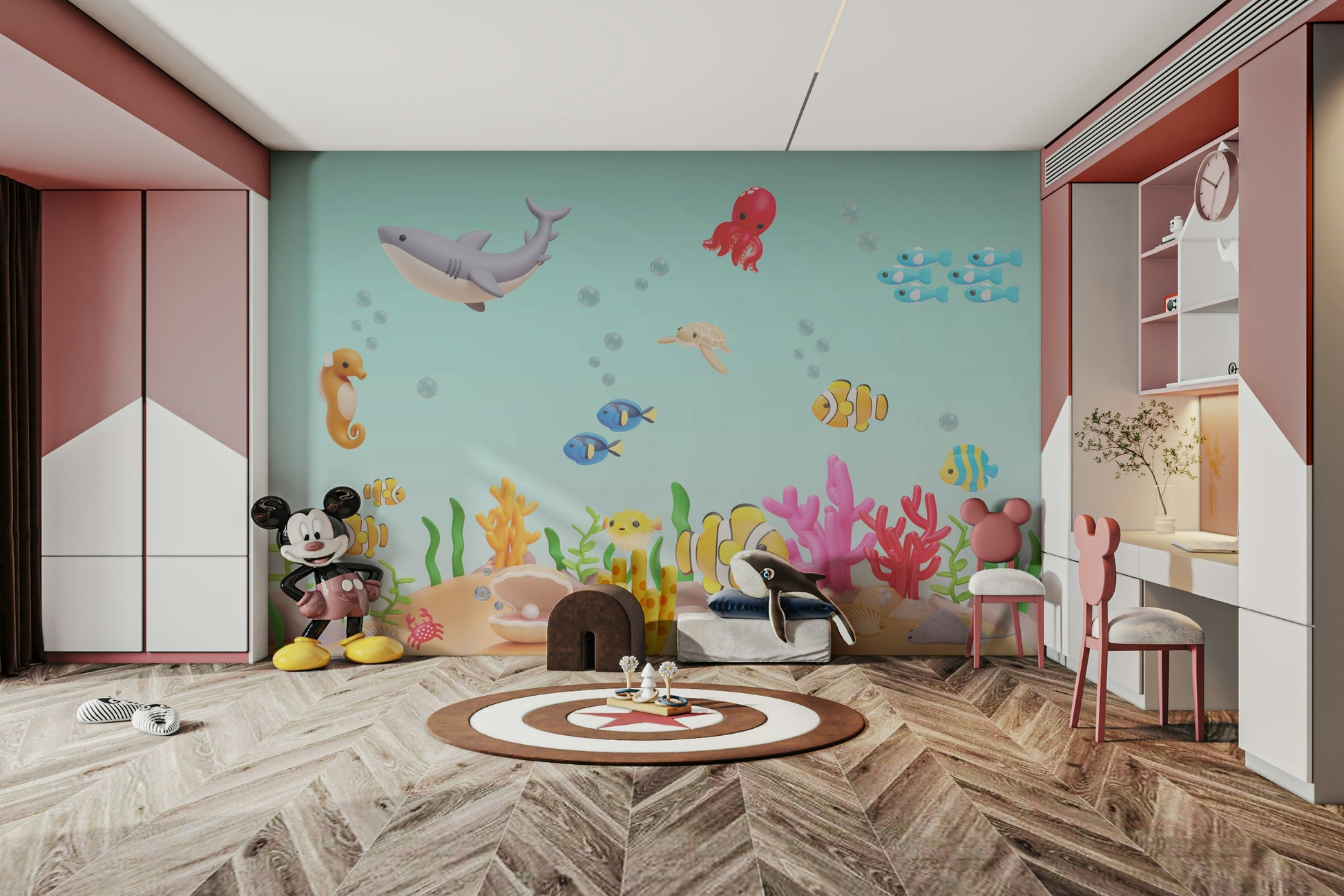 The design features a group of friendly cartoon sea animals and coral.

