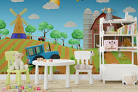 A cheerful wall mural with a whimsical, farm design.

