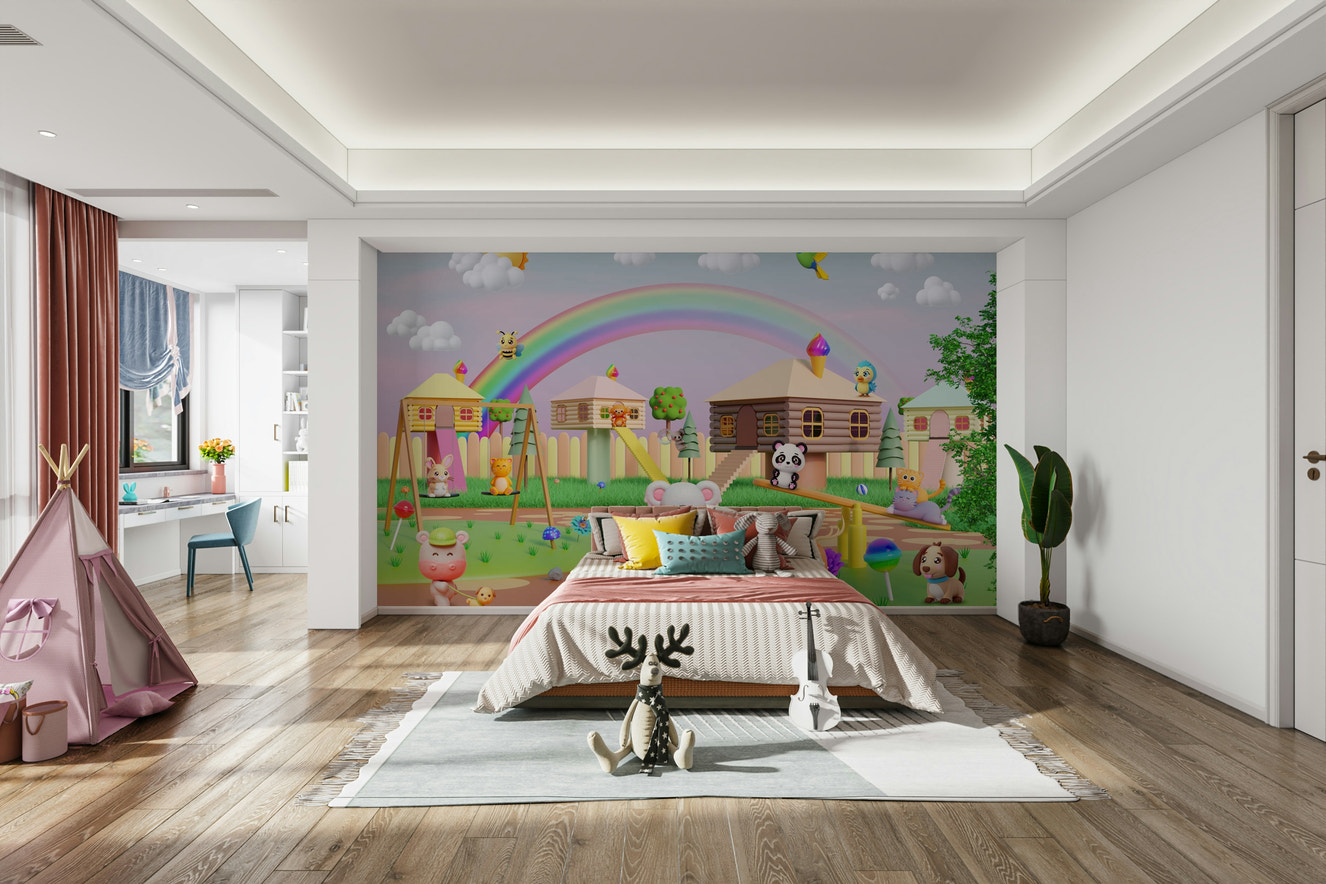 A cheerful wall mural with a whimsical, carnival design.

