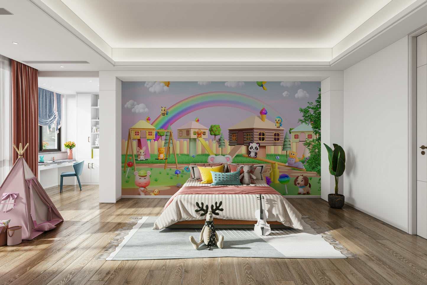 A cheerful wall mural with a whimsical, carnival design.


