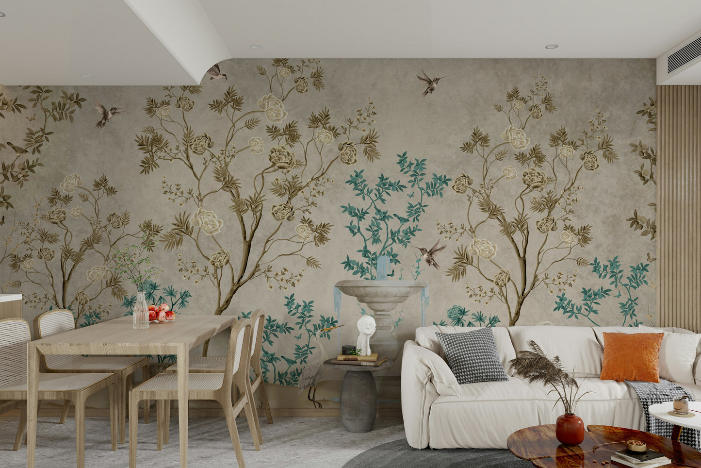 The design features a repeating pattern of soft, graceful flowers and plants.


