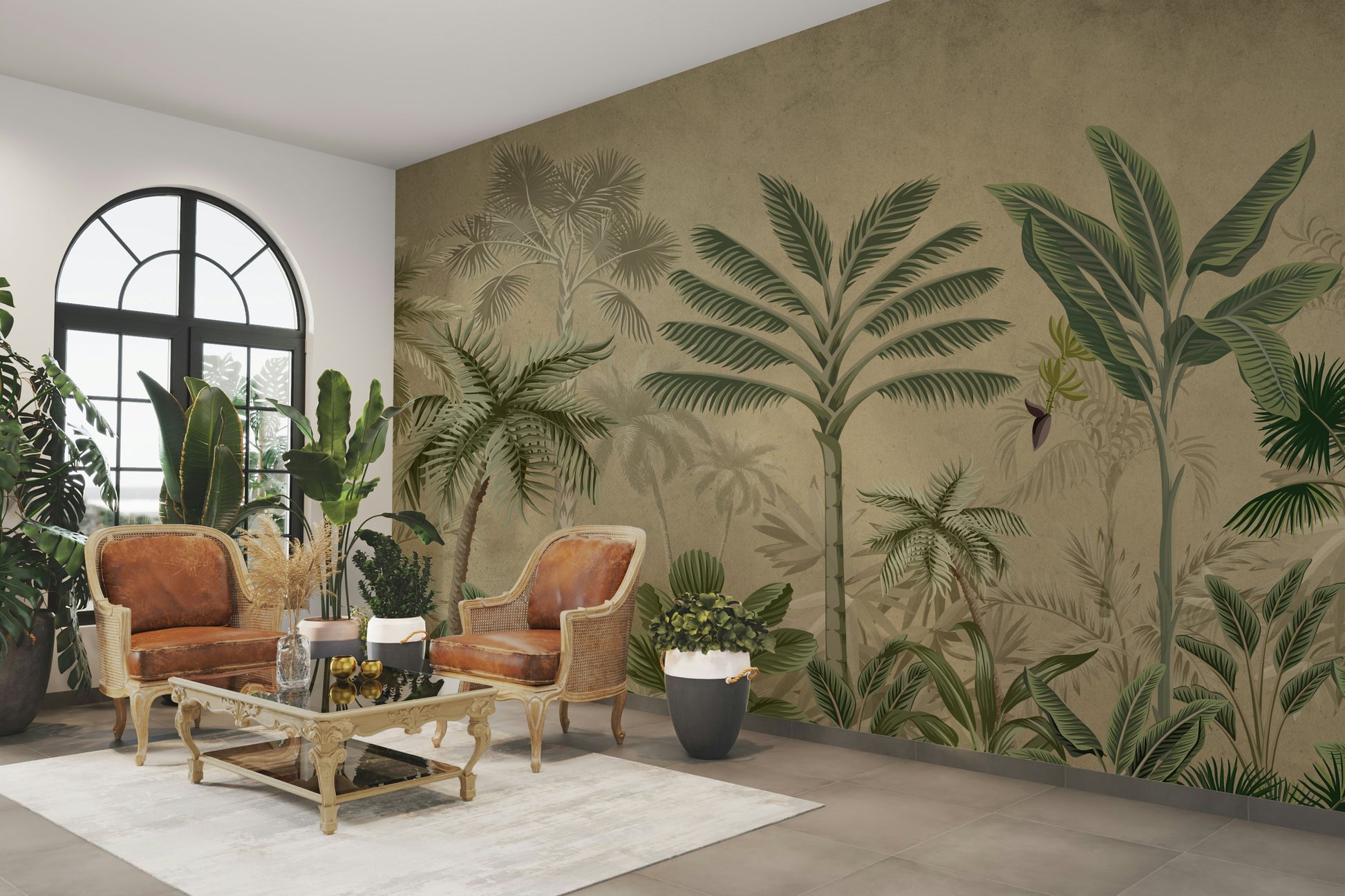 The design features a repeating pattern of soft, graceful palm leaves.

