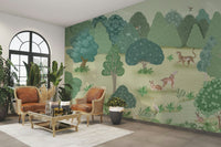 The design features a repeating pattern of soft, graceful animal shapes and plants.


