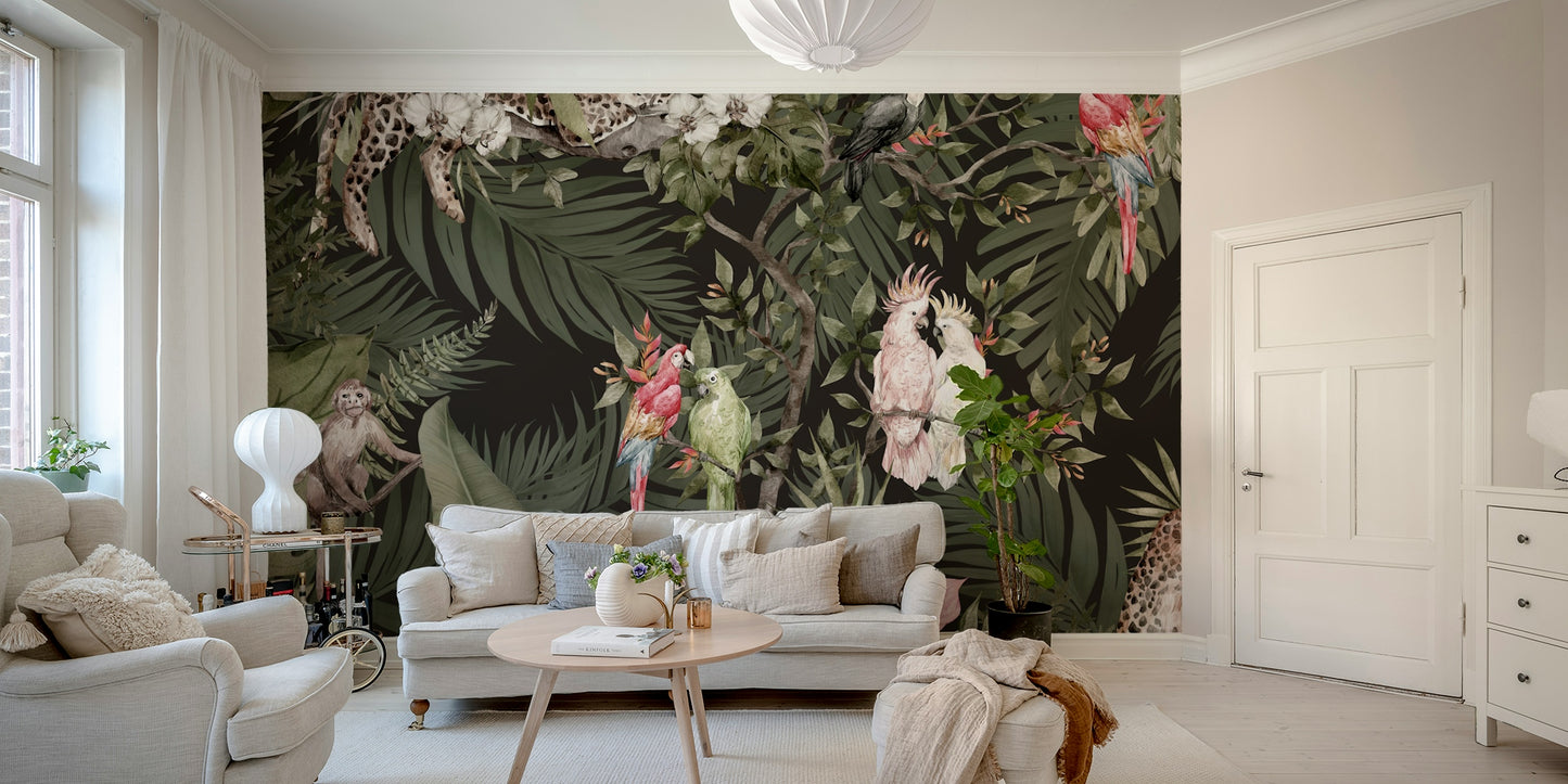 The design features a repeating pattern of soft, lush leaves and subtle animal shapes.

