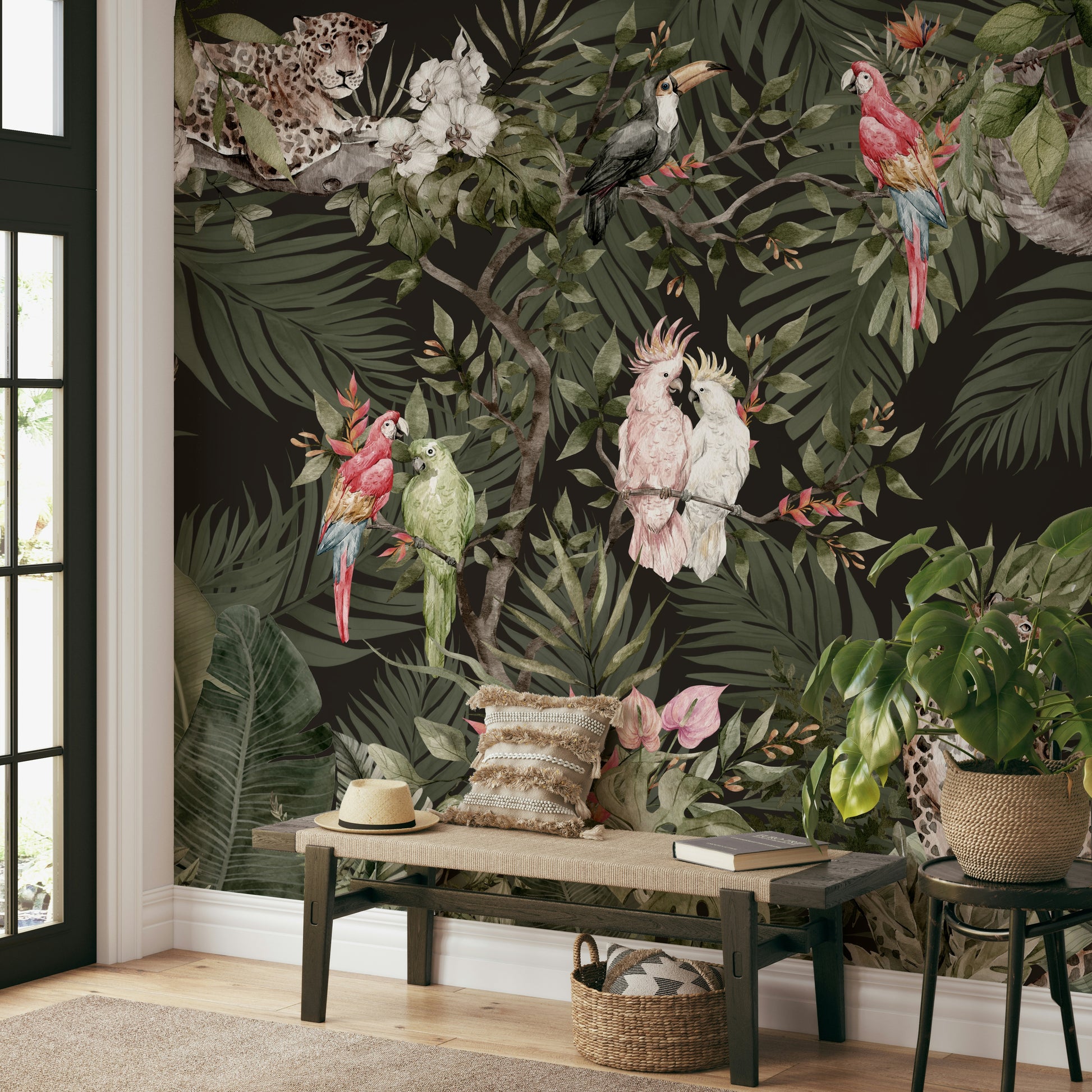 A peaceful wall mural with an organic, botanical design.

