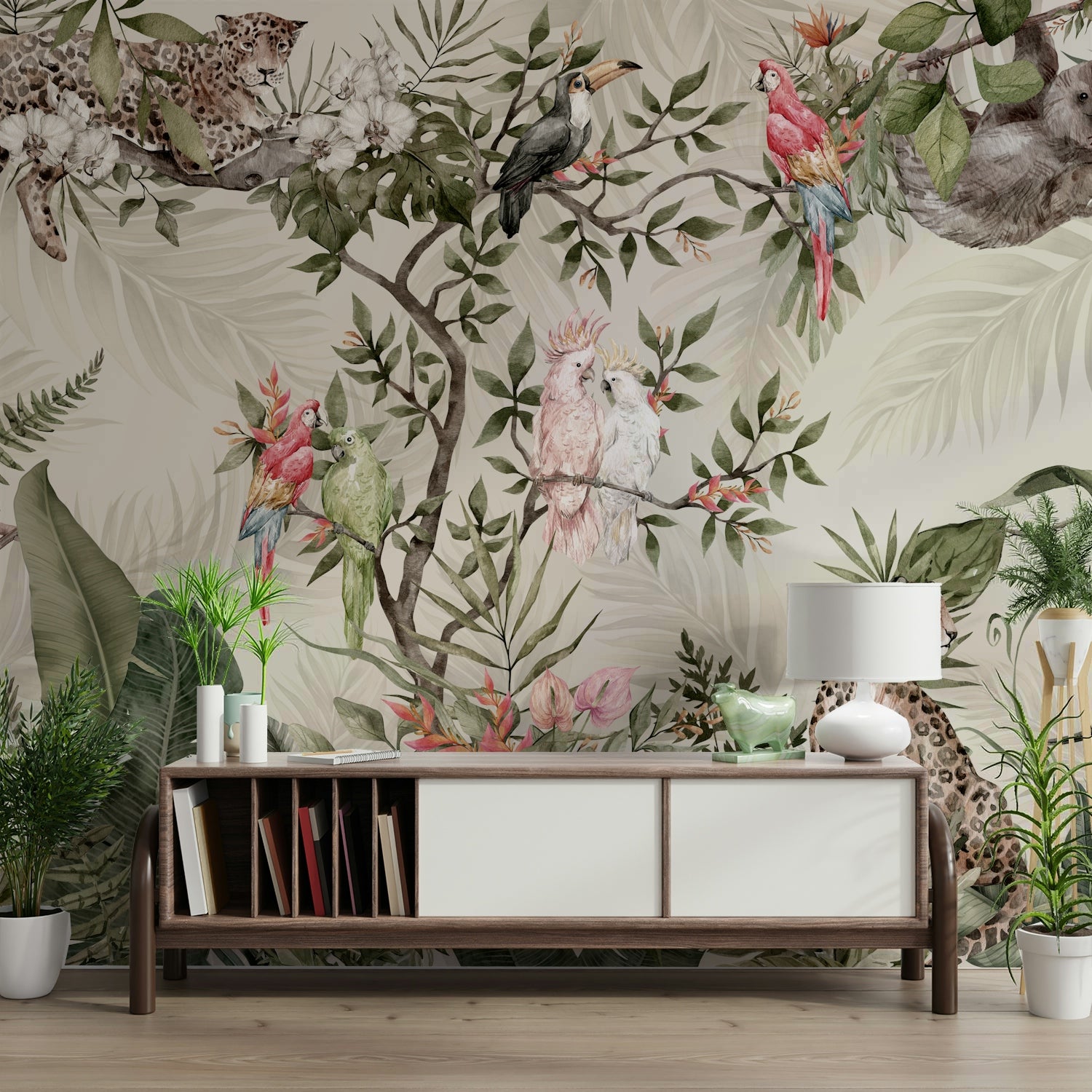 A peaceful wall mural with an organic, botanical design.

