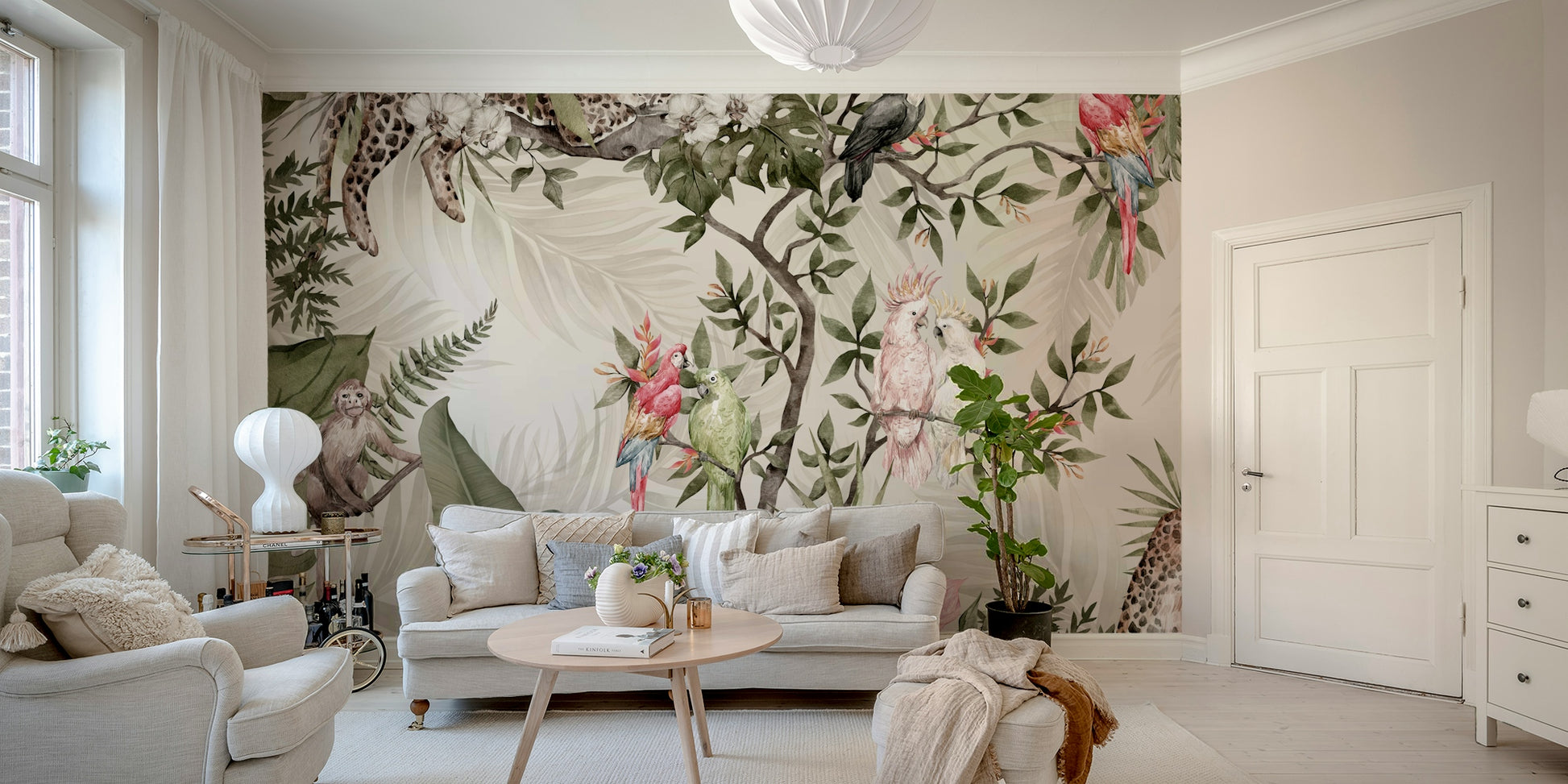 The design features a repeating pattern of soft, lush leaves from an overhead canopy view.

