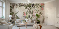 The design features a repeating pattern of soft, lush leaves from an overhead canopy view.

