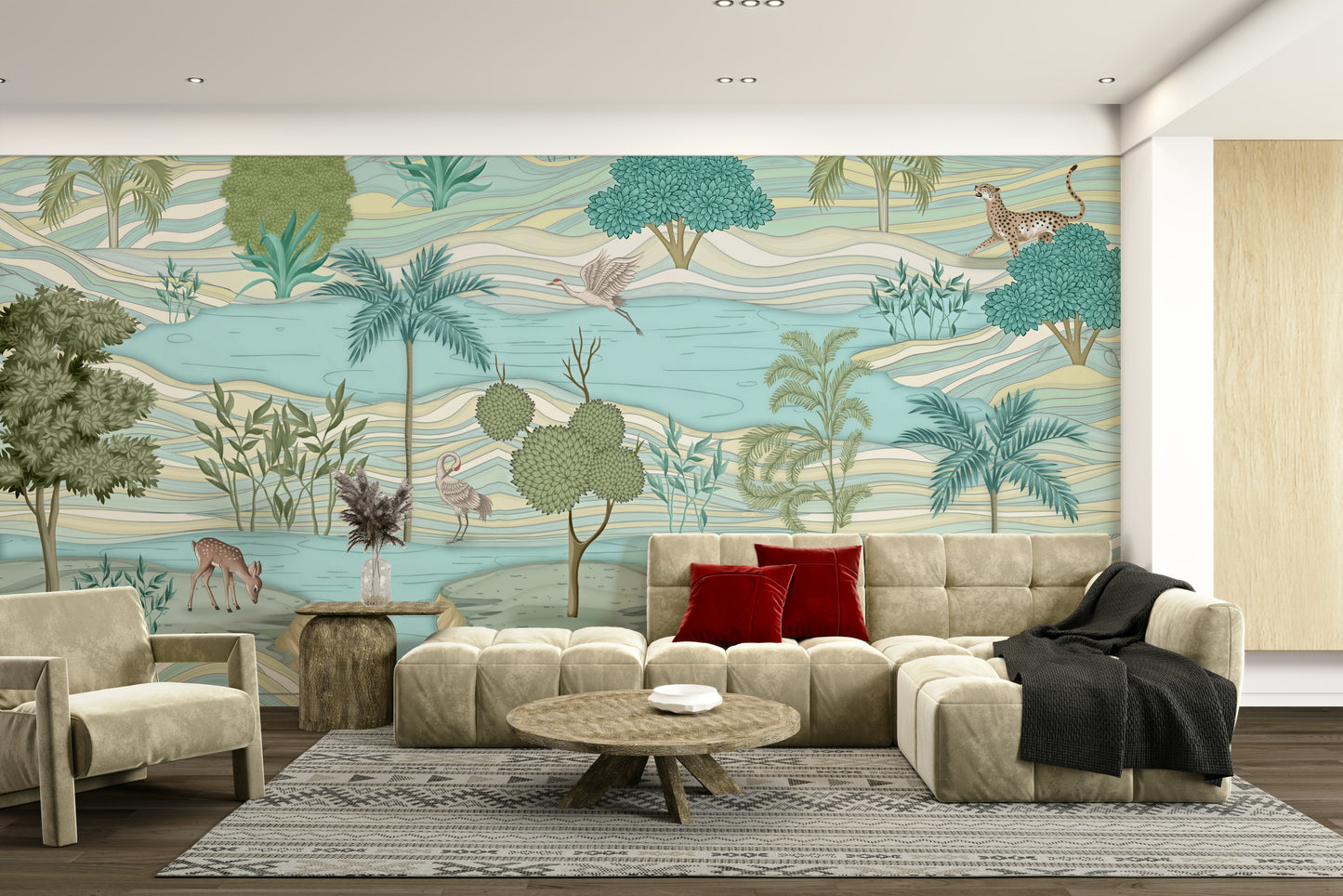 The colors are gentle and lush, with a natural, green and gray palette.

