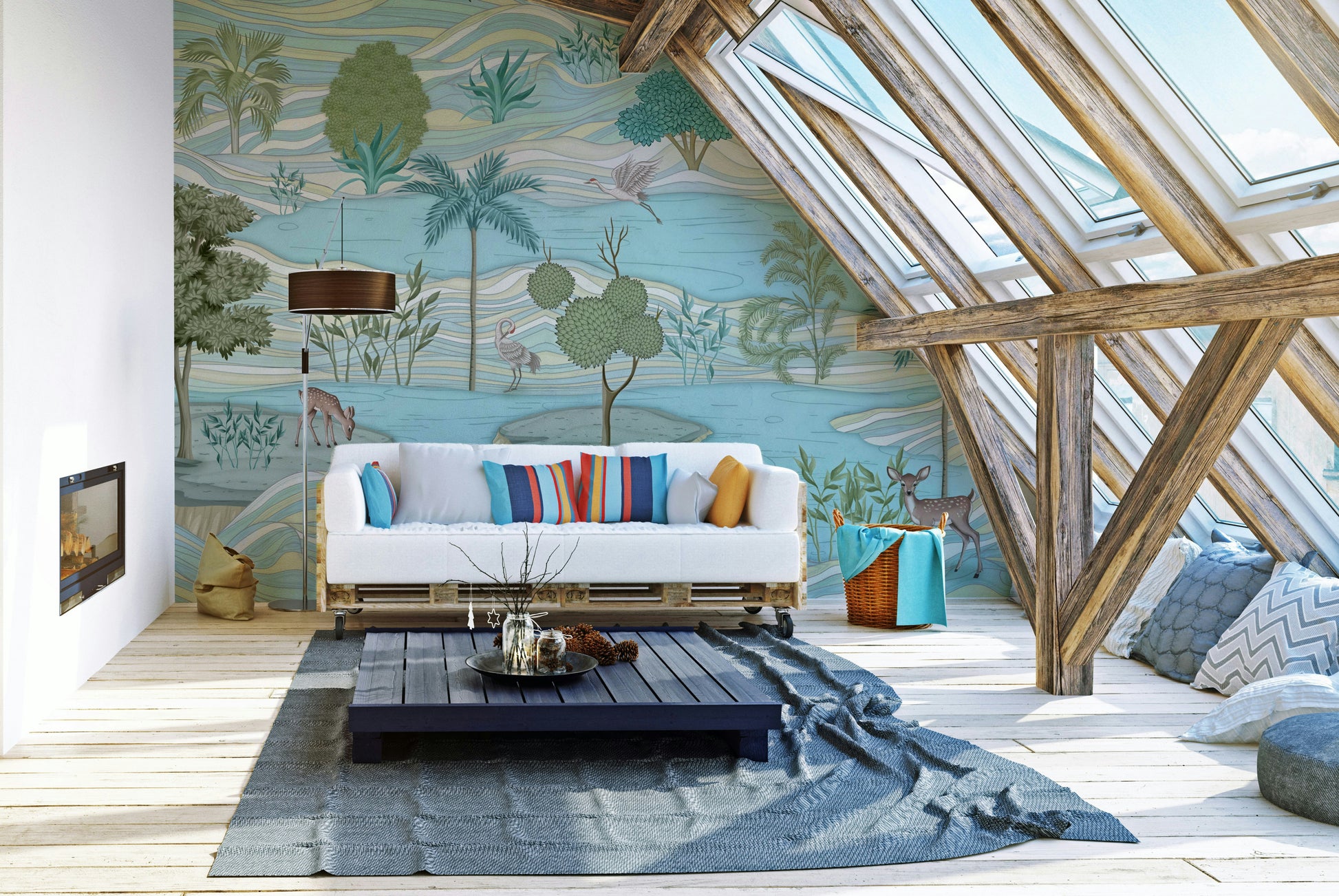 A peaceful wall mural with an organic, whimsical design.

