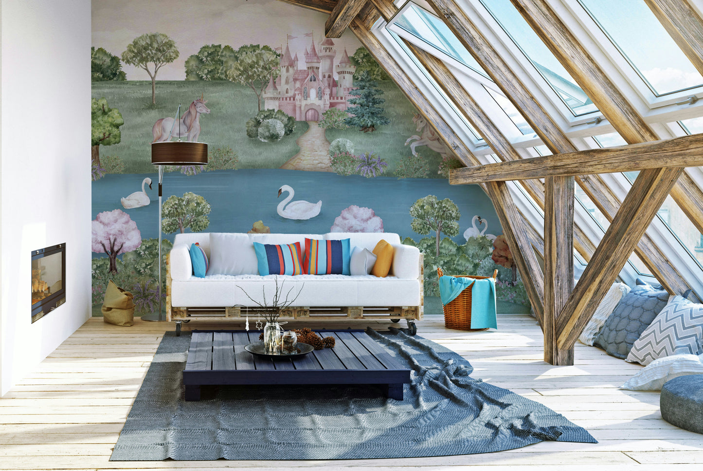 A peaceful wall mural with a whimsical, magical design.

