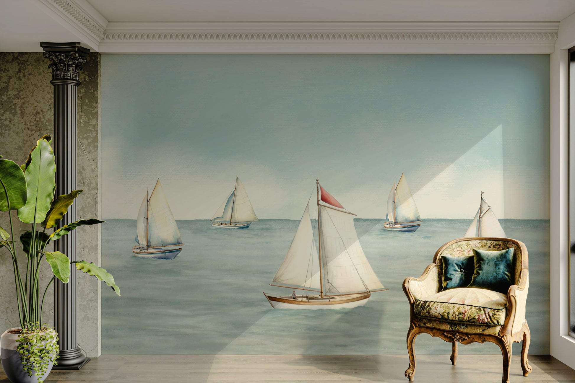 The design features a repeating pattern of soft, delicate sailboats and waves.

