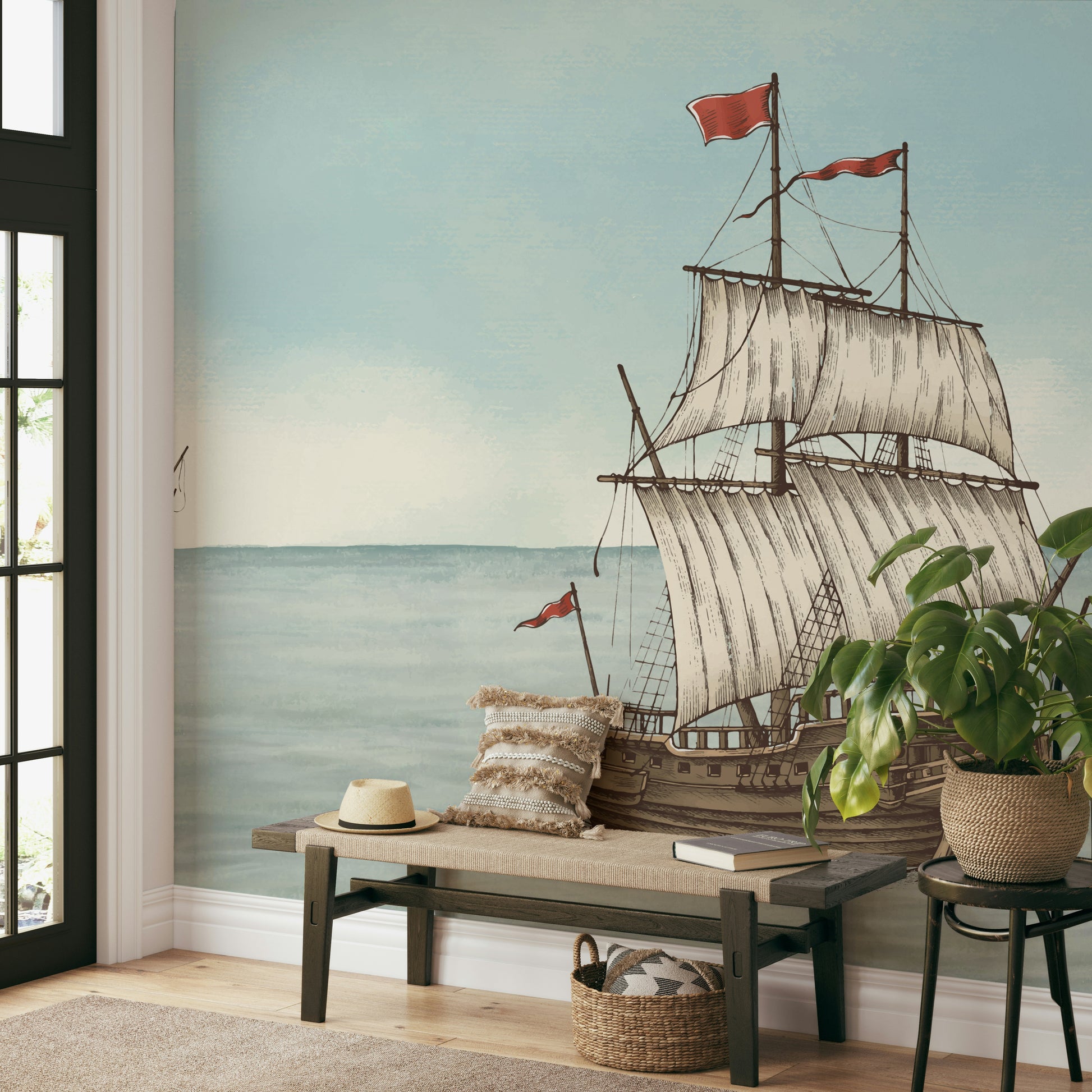 The design features a repeating pattern of soft, delicate tall ships.

