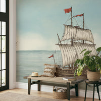 The design features a repeating pattern of soft, delicate tall ships.


