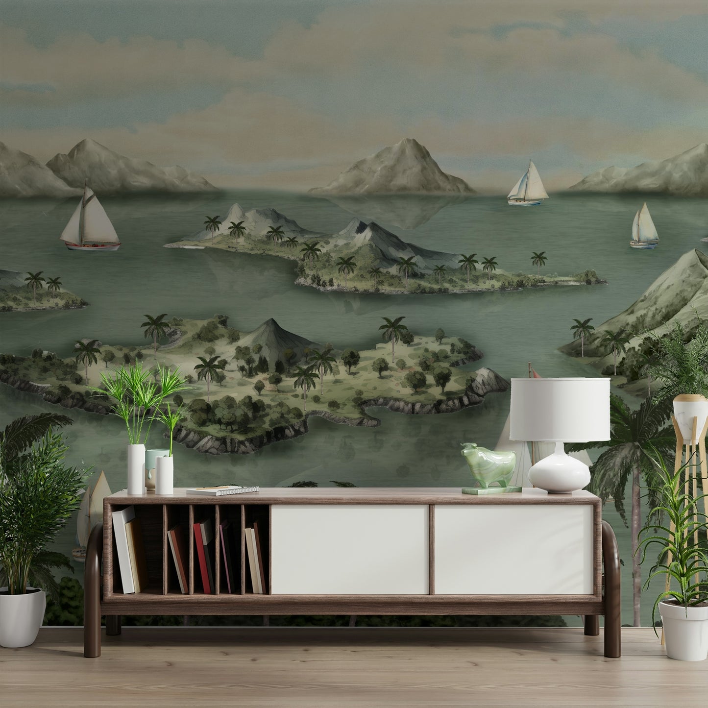 The design features a serene, island seascape.

