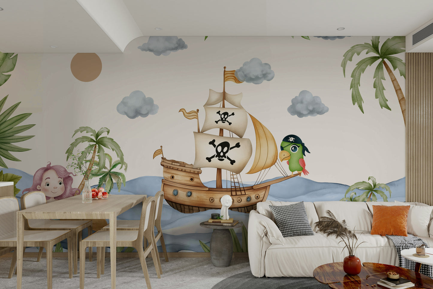 A cheerful wall mural with a whimsical, pirate-themed design.

