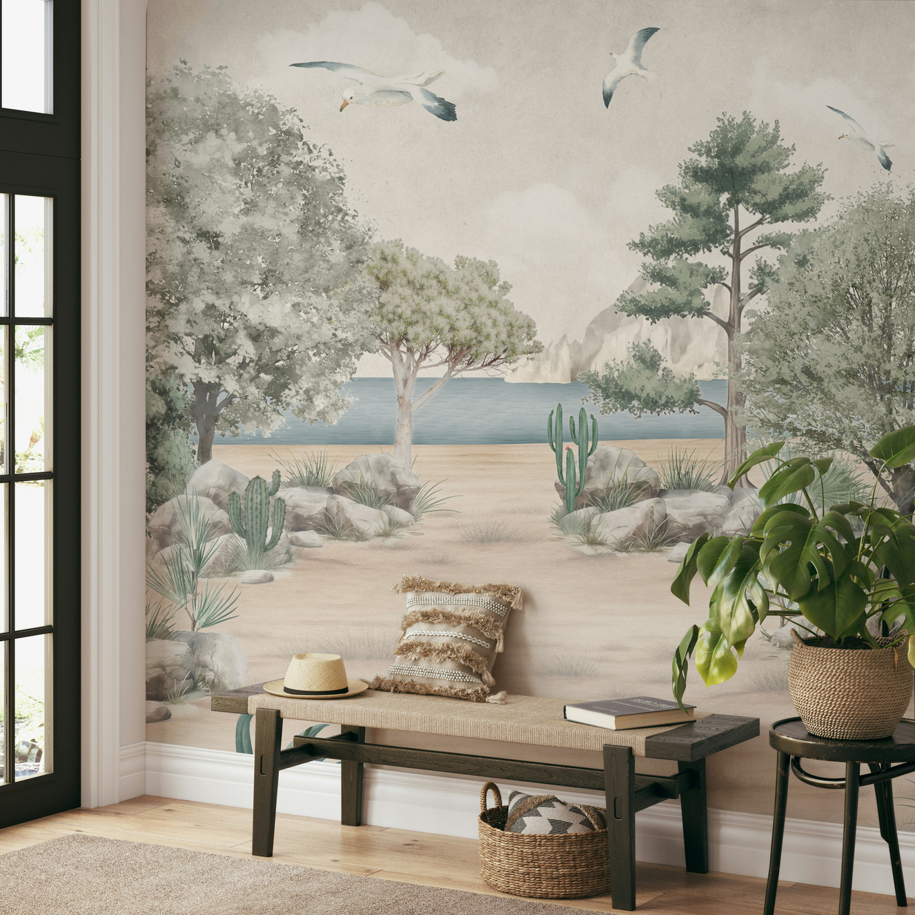 A peaceful wall mural with an organic, coastal design.

