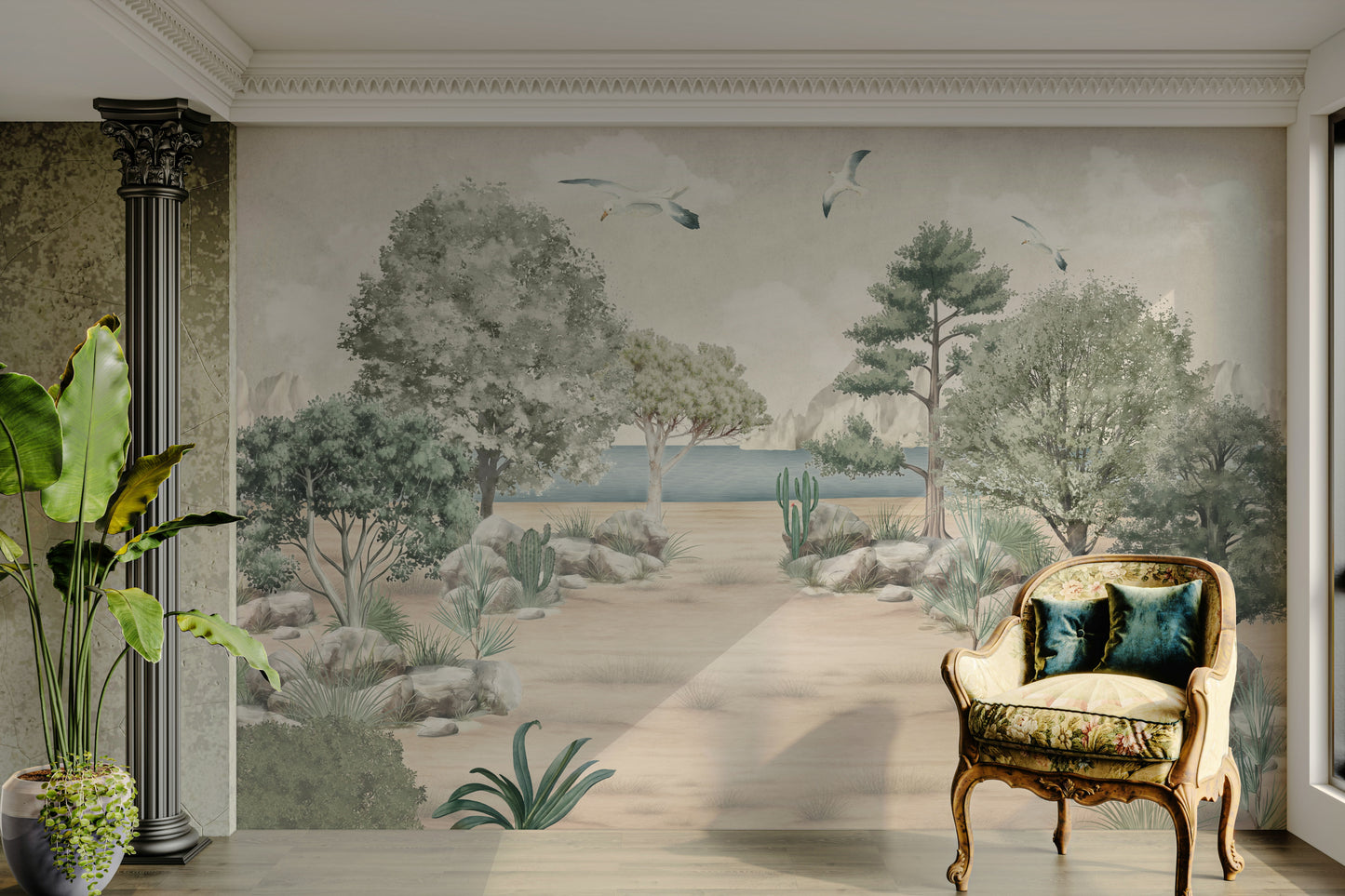 The design features a repeating pattern of soft, delicate waves and shorelines.

