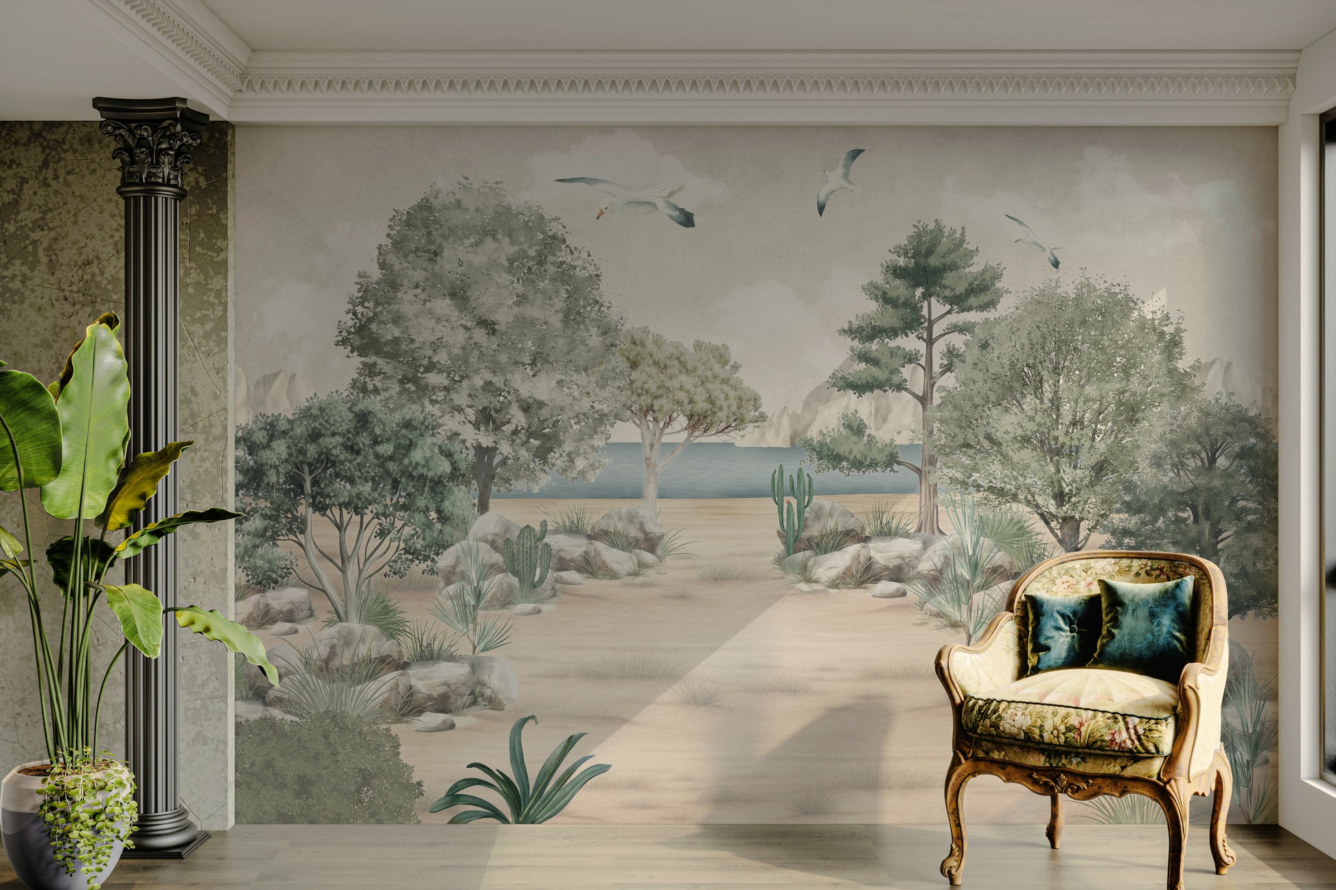 The design features a repeating pattern of soft, delicate waves and shorelines.

