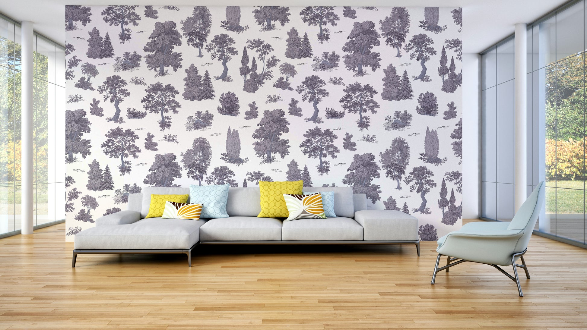 A peaceful wall mural with an organic, whimsical design.

