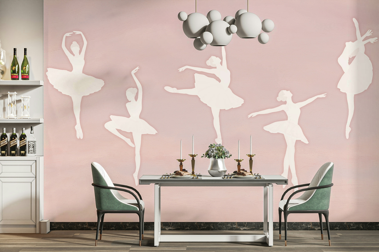 A peaceful wall mural with a whimsical, ballet-themed design.

