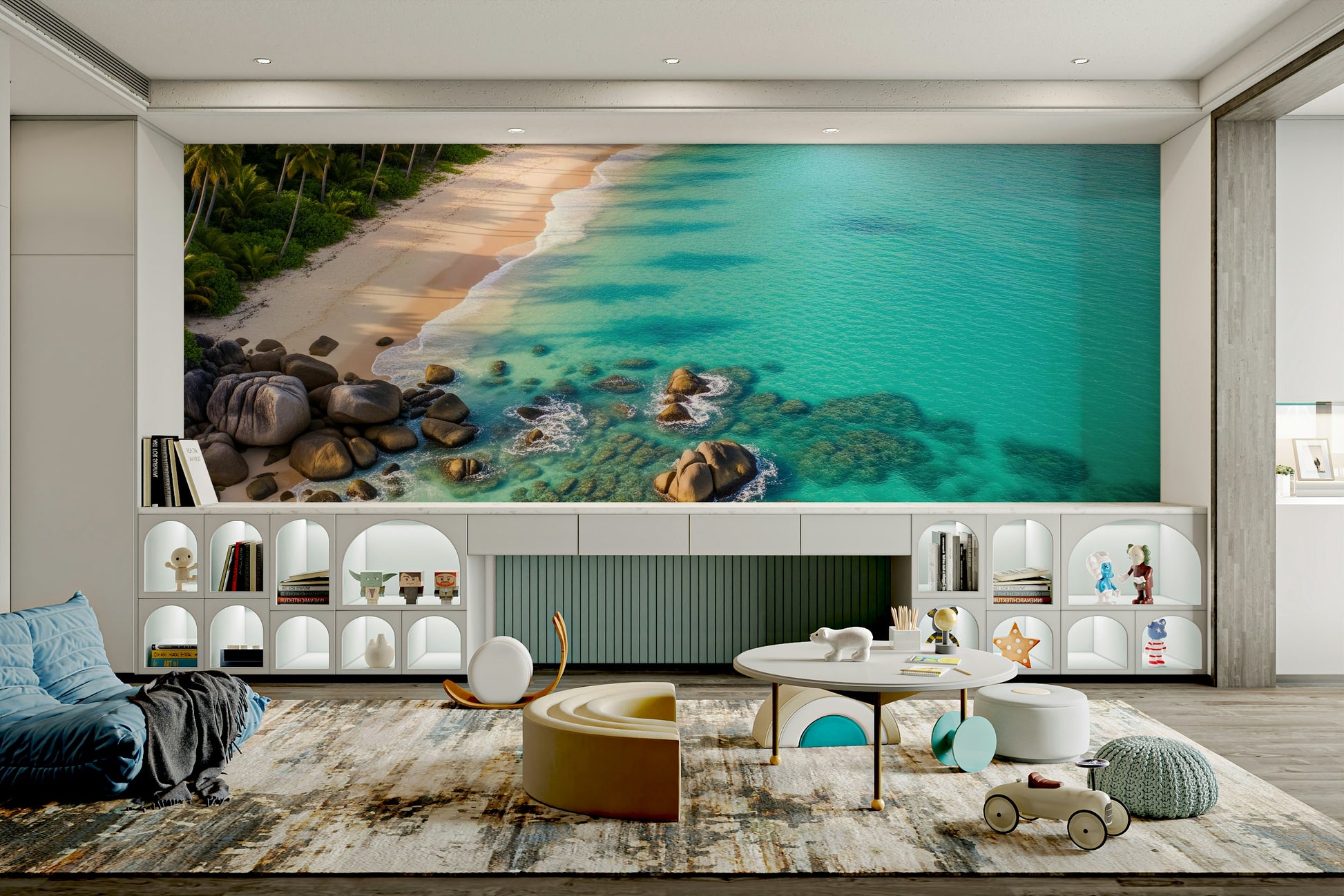 Serene beach scene with friendly shapes

