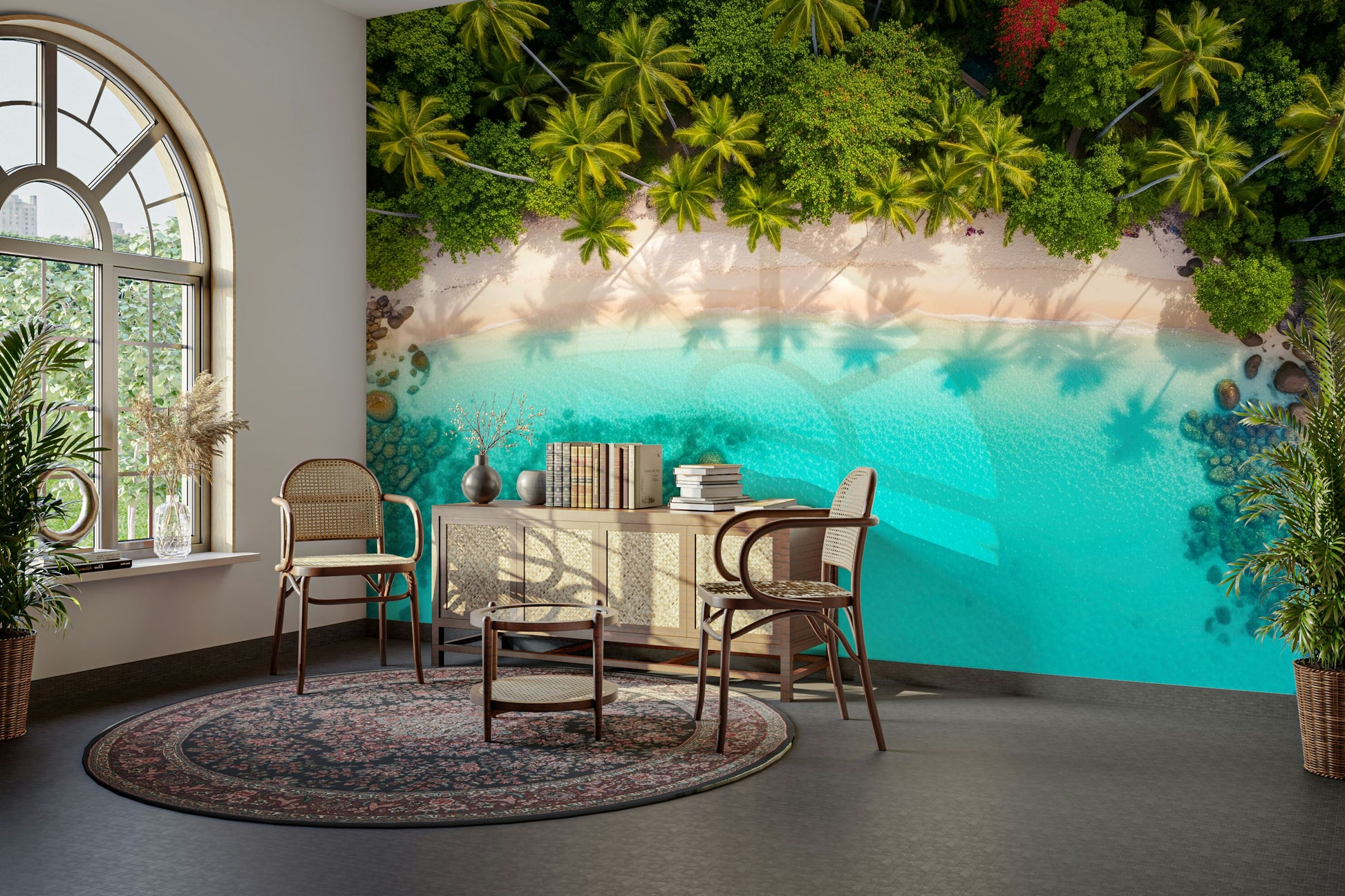 Scenic wallpaper with cartoon shapes and colors

