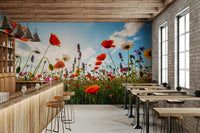 Scenic wallpaper with cartoon shapes and colors

